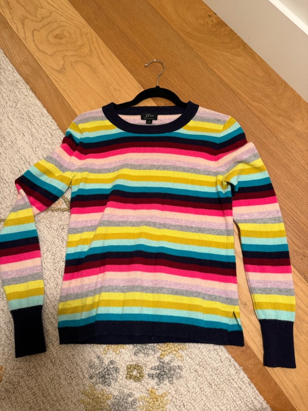J. Crew Navy-Trim Multicolor Striped Crewneck Cashmere Sweater